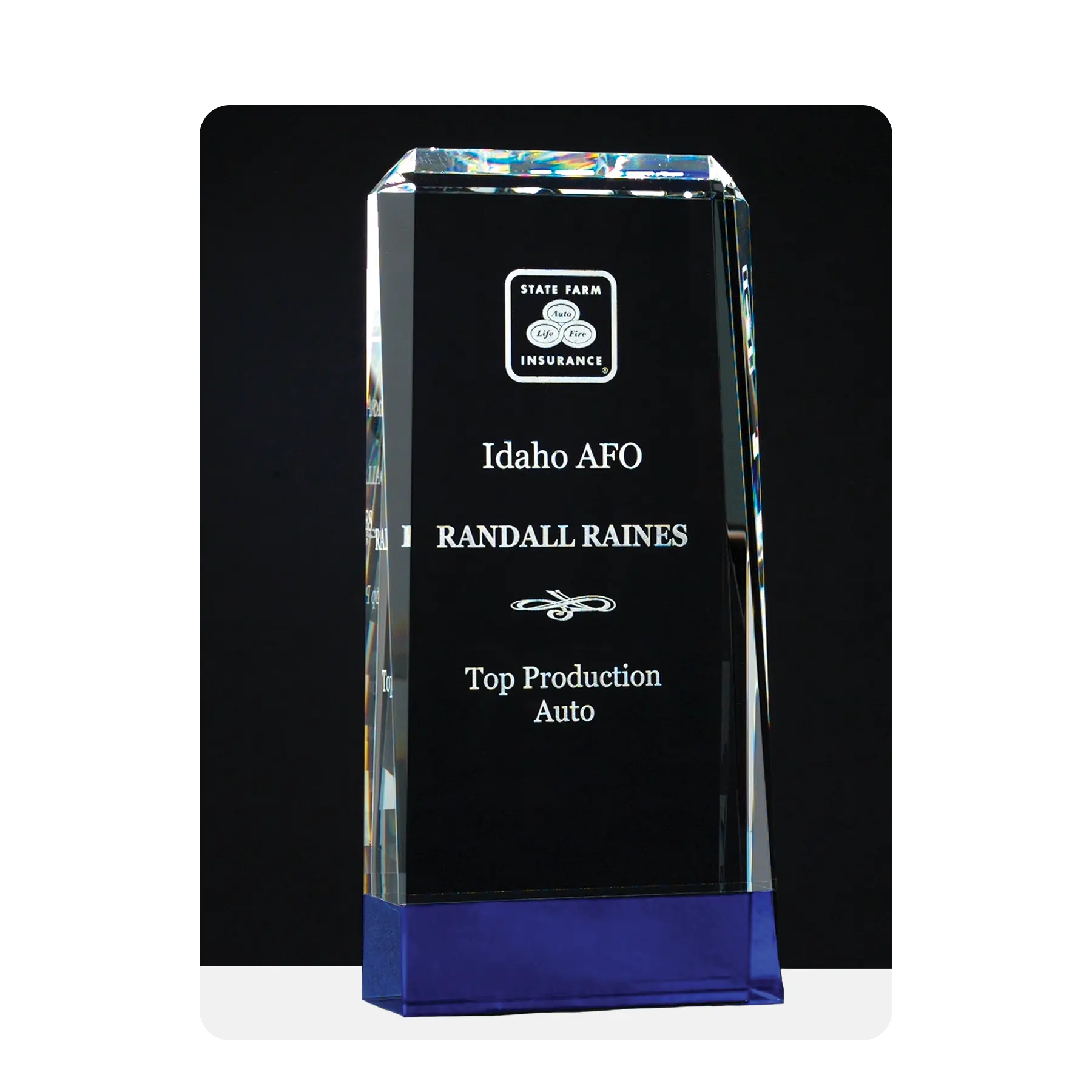 Crystal award with cobalt blue base, customized for all events, milestones, and recognition