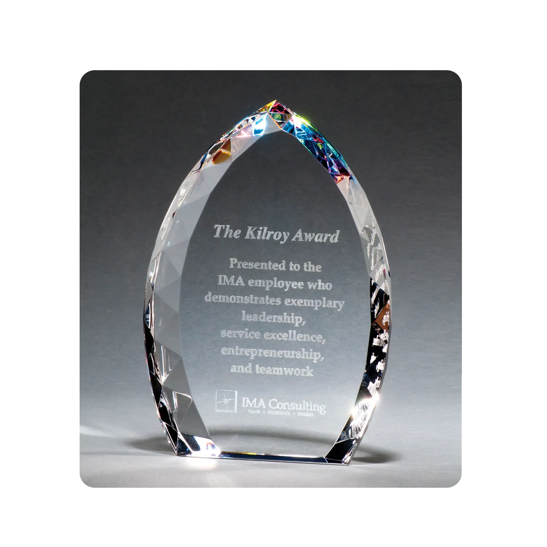 Etched crystal award with jeweled edge and prism-effect. Customized for your event, recognition, or employee.