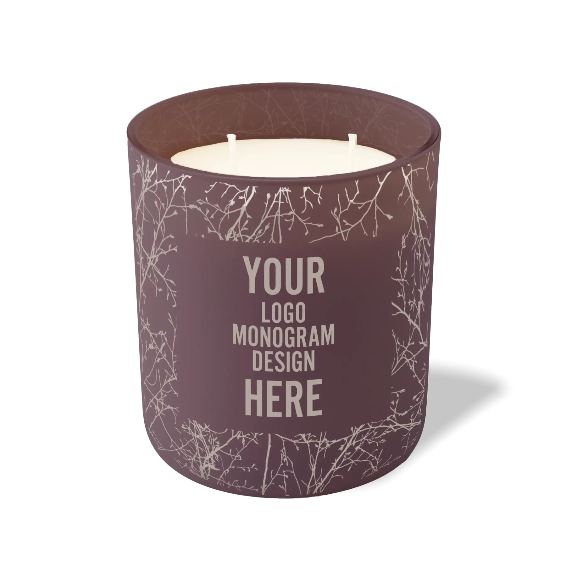 Customized velvet plum, branches pattern Wild Journey 12 oz Studio luxury candle with laser etched logo or design