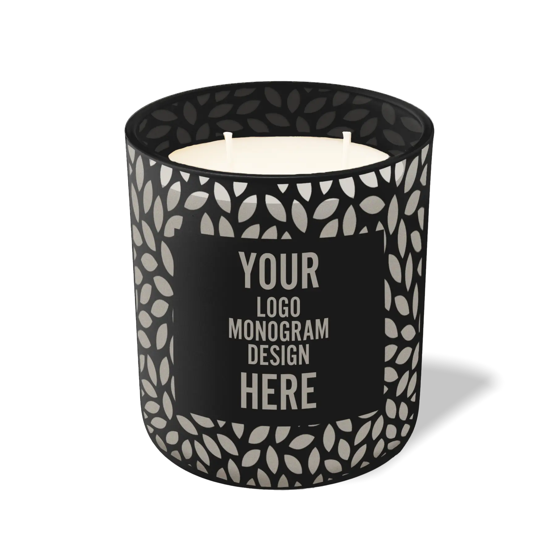 Customized black, leafy pattern Wild Journey 12 oz Studio luxury candle with laser etched logo or design
