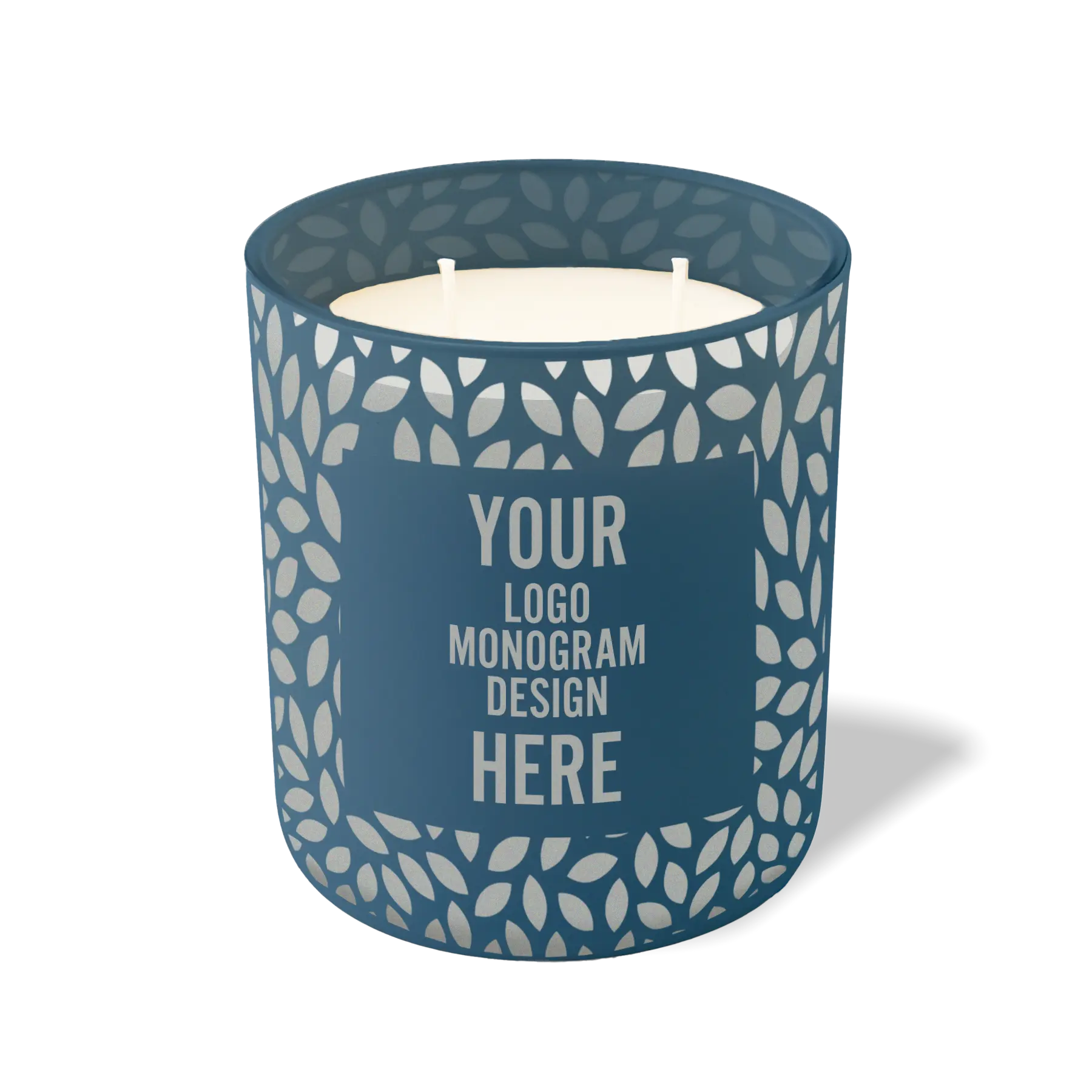 Customized cobalt, leafy pattern Wild Journey 12 oz Studio luxury candle with laser etched logo or design