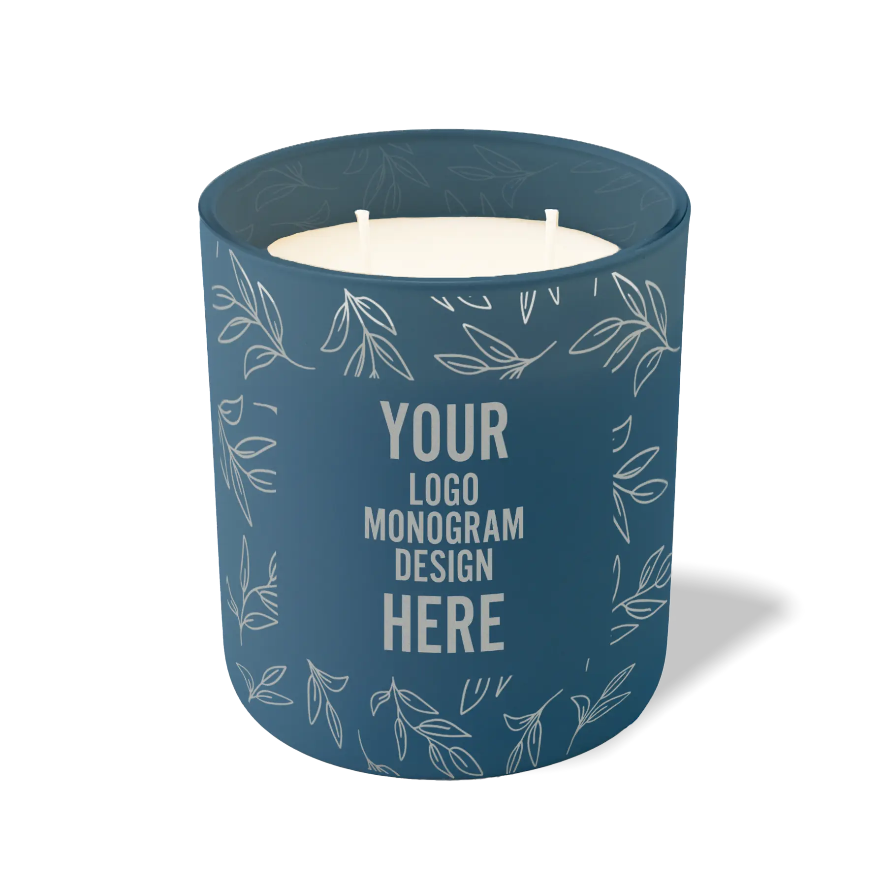 Customized cobalt, leafy branch pattern Wild Journey 12 oz Studio luxury candle with laser etched logo or design