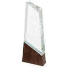 Laser etched 9.75" glass award with walnut base, style SRG01