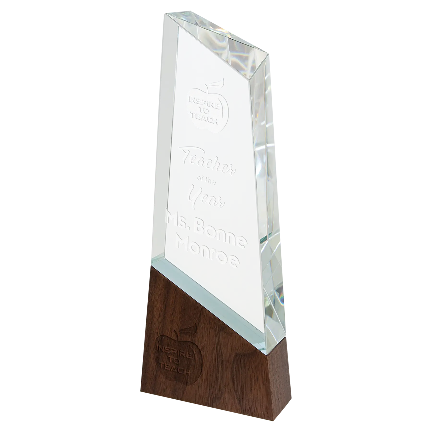 Laser etched 9.75" glass award with walnut base, style SRG01