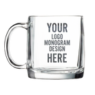 12.25 oz glass clear coffee mug with charcoal laser etching of logo, monogram, or your design