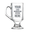 10 oz glass clear footed coffee mug with charcoal laser etching of logo, monogram, or your design