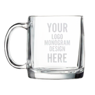 12.25 oz glass clear coffee mug with frosted laser etching of logo, monogram, or your design