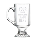 10 oz glass clear footed coffee mug with frosted laser etching of logo, monogram, or your design