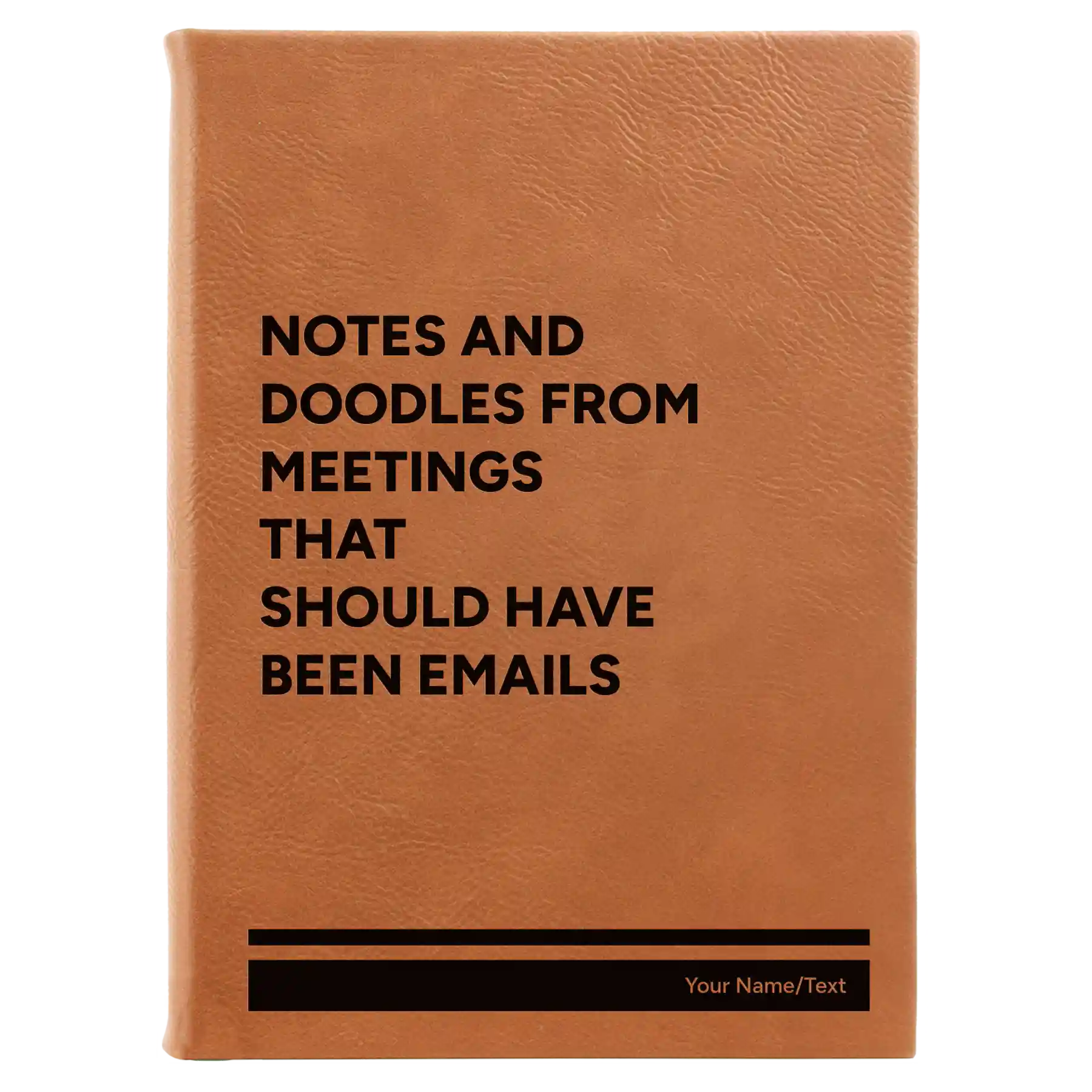 Large rawhide leatherette sketch book laser etched with 'Notes and Doodles From Meetings' design