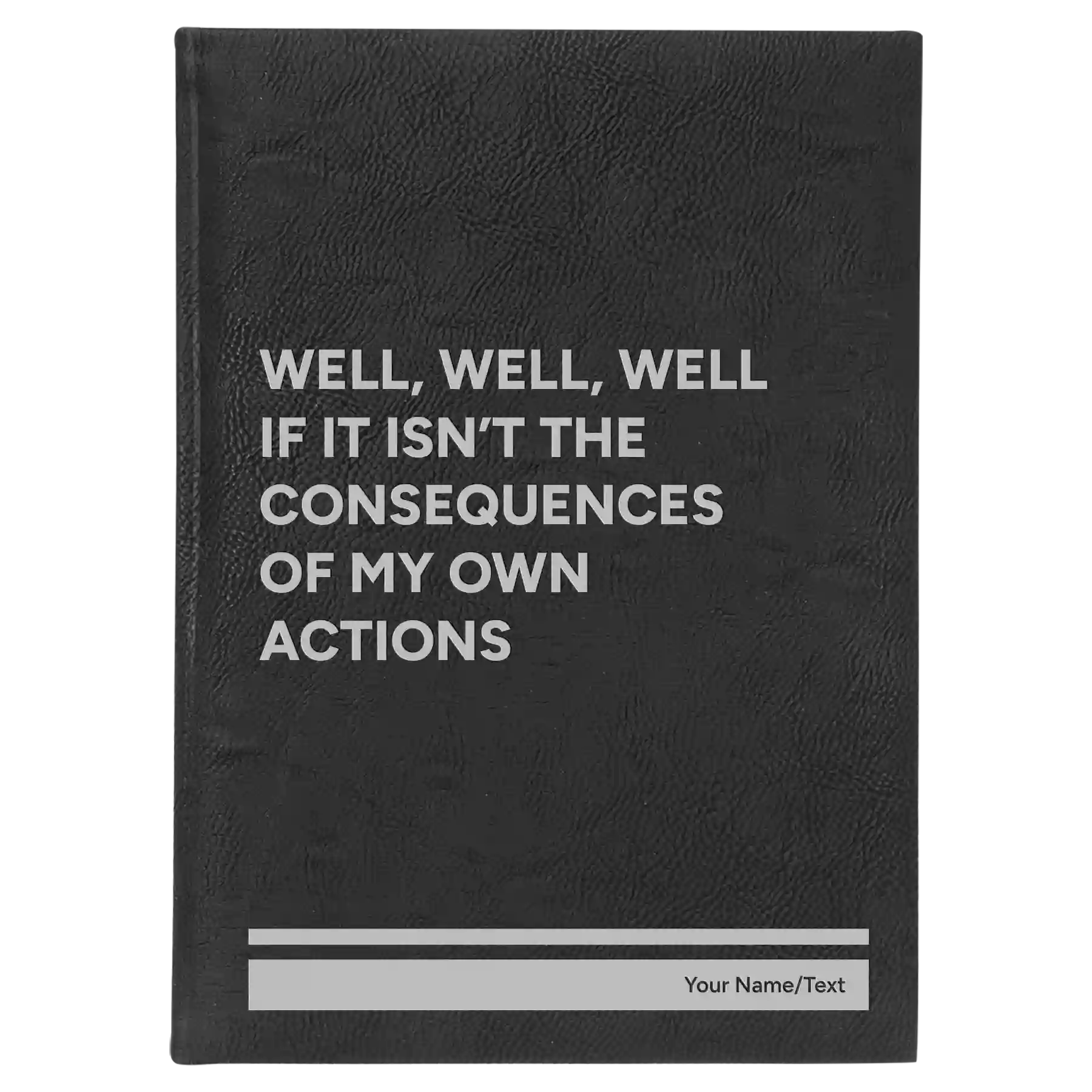 Large black/silver leatherette sketch book laser etched with 'Consequences' design