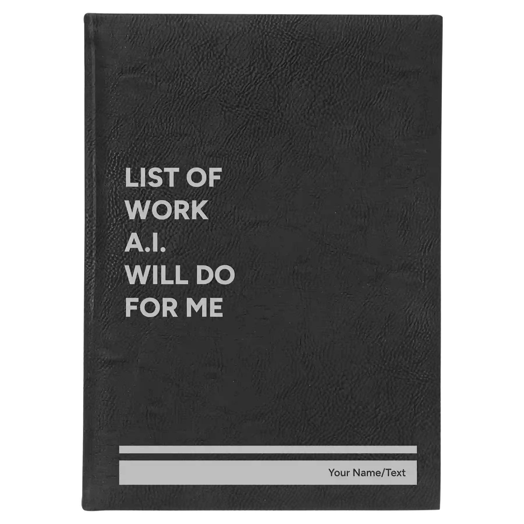 Large black/silver leatherette sketch book laser etched with 'Lists of Work' design