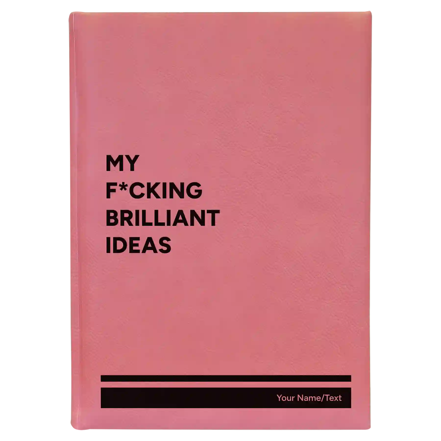 Large pink leatherette sketch book laser etched with 'Fcking Brilliant Ideas' design