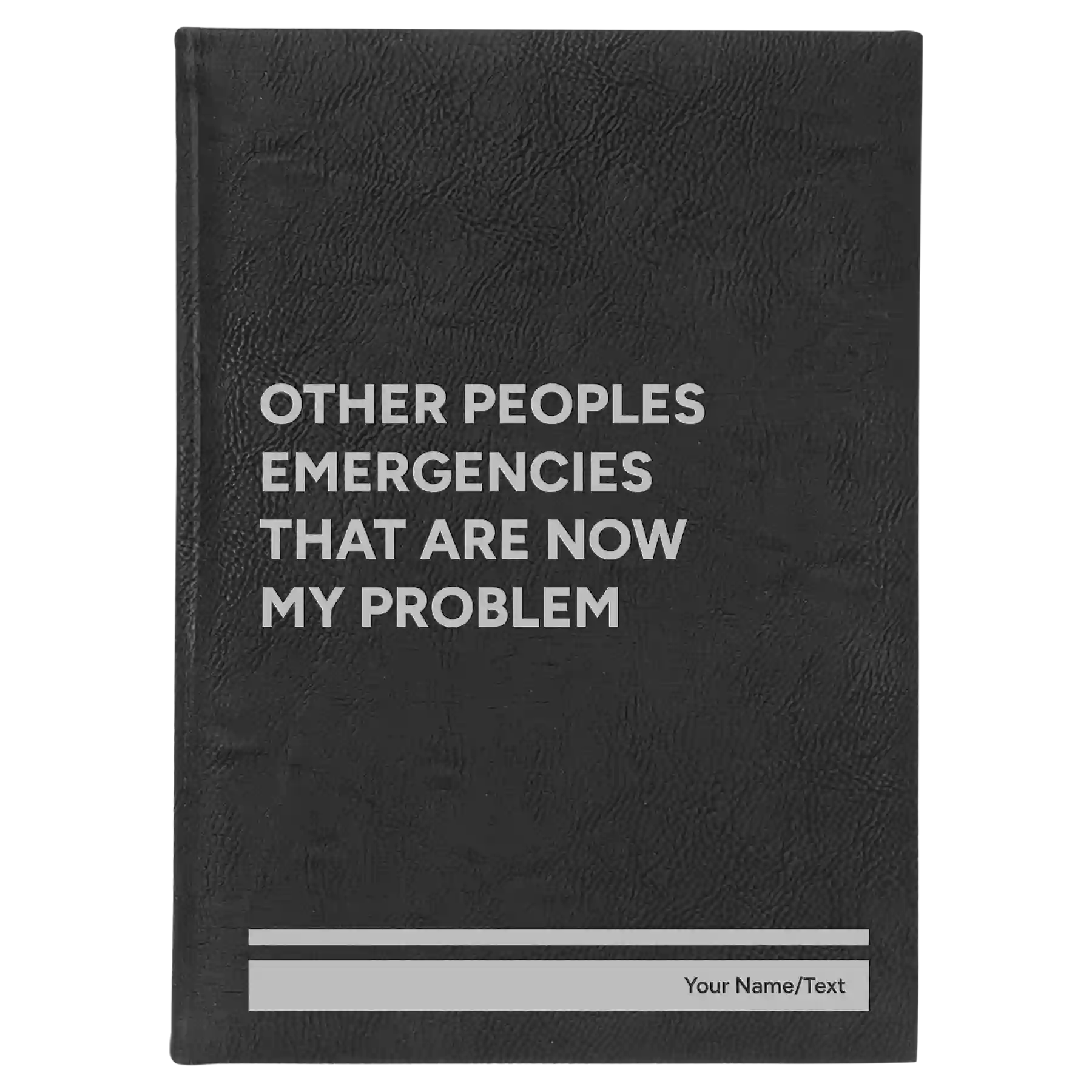 Large black/silver leatherette sketch book laser etched with 'Other Peoples Emergencies' design