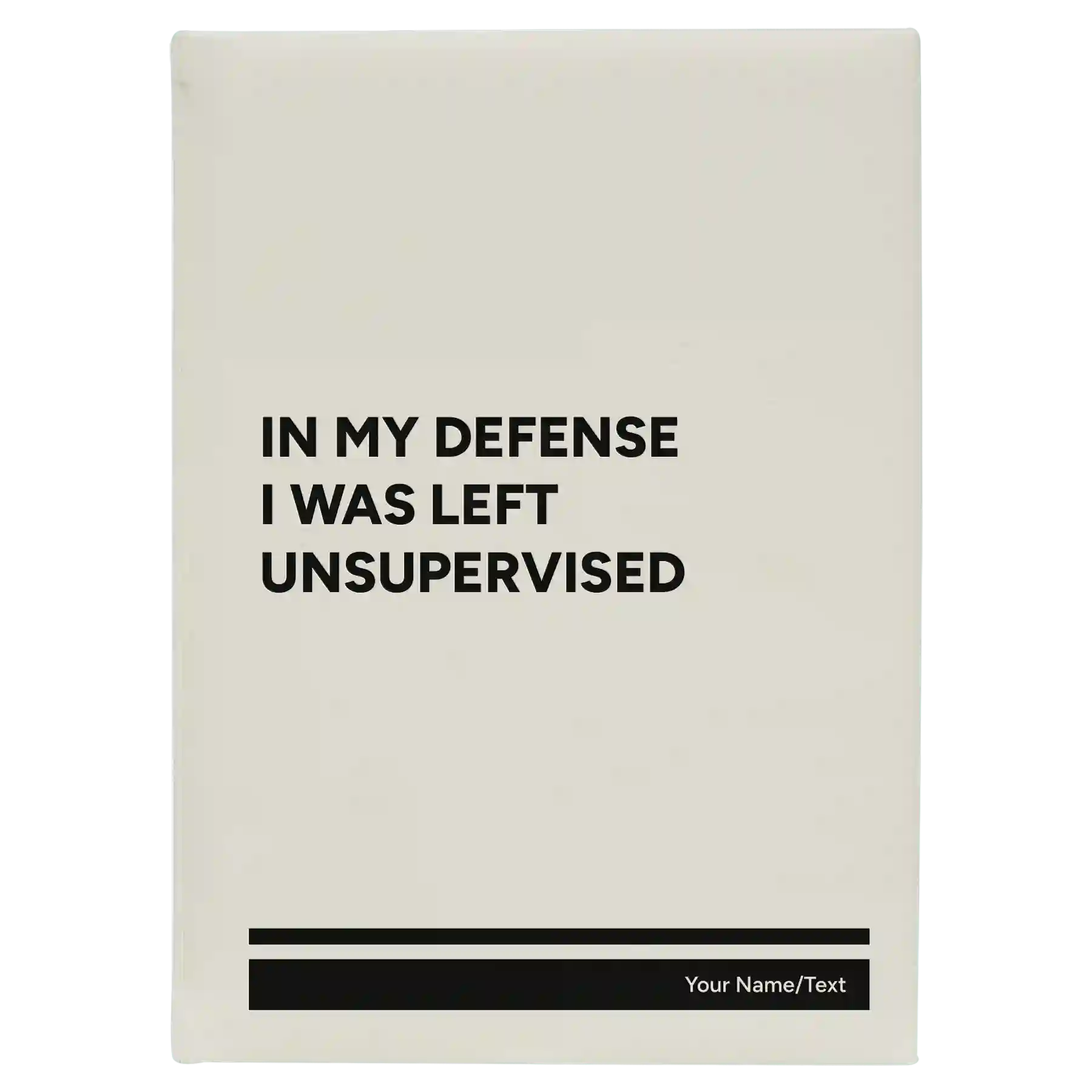 Large white leatherette sketch book laser etched with 'Left Unsupervised' design