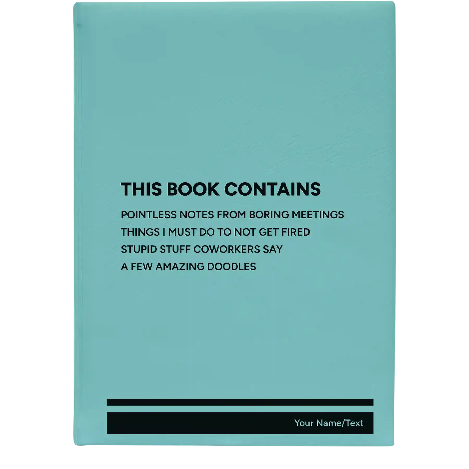 Large teal leatherette sketch book laser etched with 'This Book Contains' design