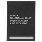 Large black/silver leatherette sketch book laser etched with 'Functional Adult' design