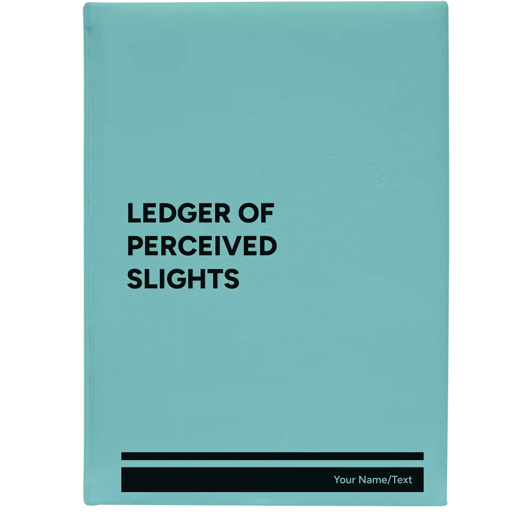 Large teal leatherette sketch book laser etched with 'Perceived Slights' design
