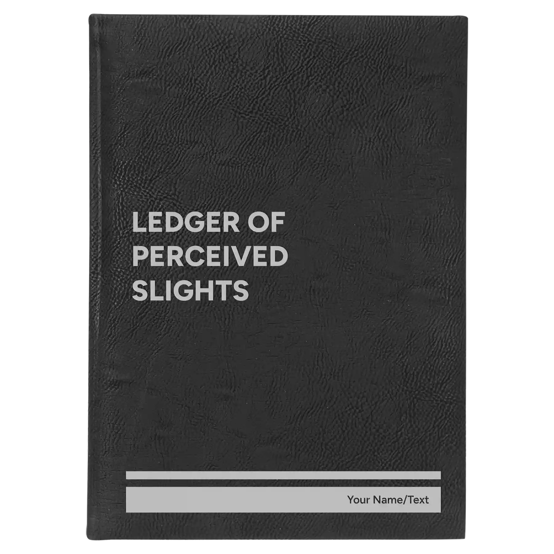 Large black/silver leatherette journal laser etched with 'Perceived Slights' design