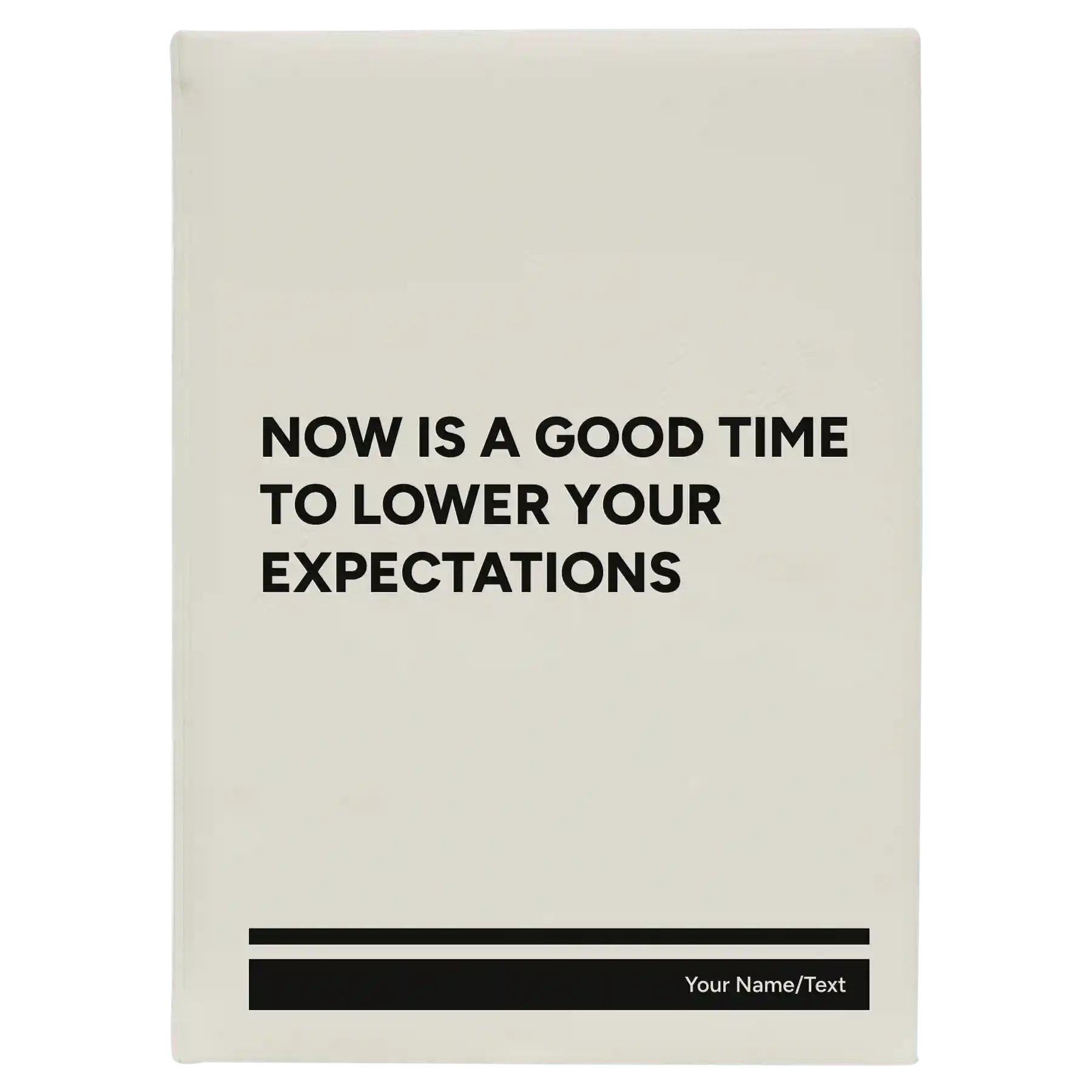 Large white leatherette journal laser etched with 'Lower Your Expectations' design