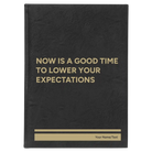 Large black/gold leatherette sketch book laser etched with 'Lower Your Expectations' design