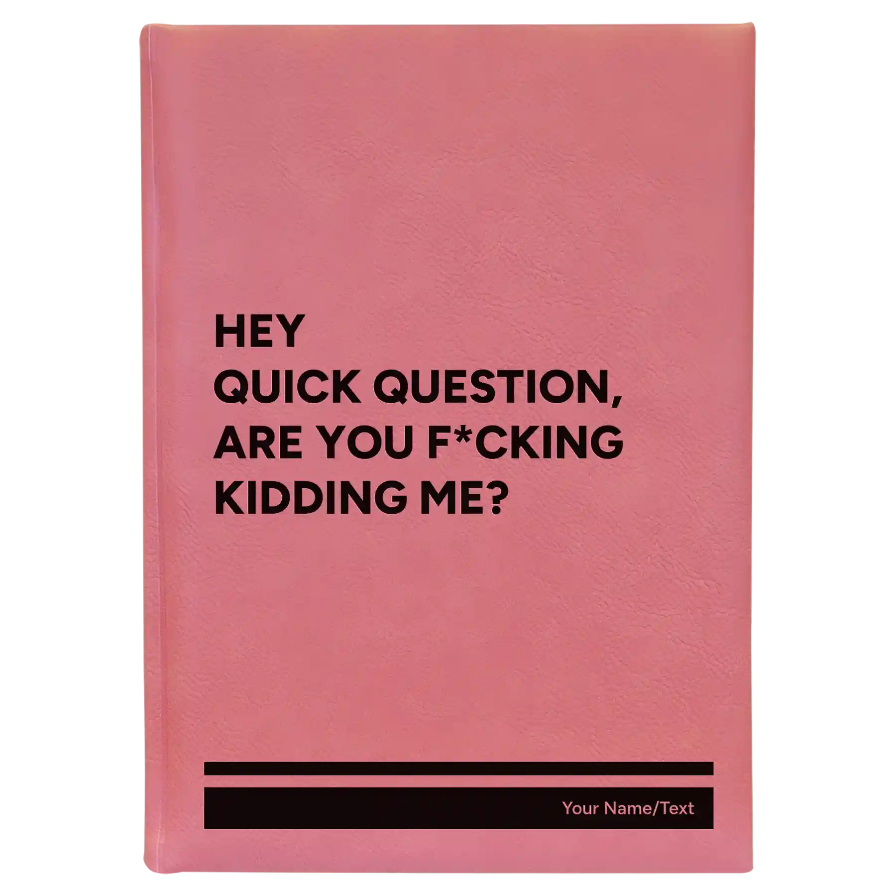Large pink leatherette sketch book laser etched with 'Quick Question' design