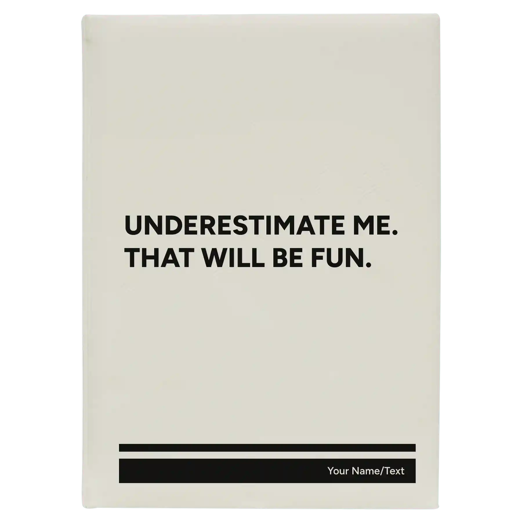 Large white leatherette sketch book laser etched with 'Underestimate Me' design