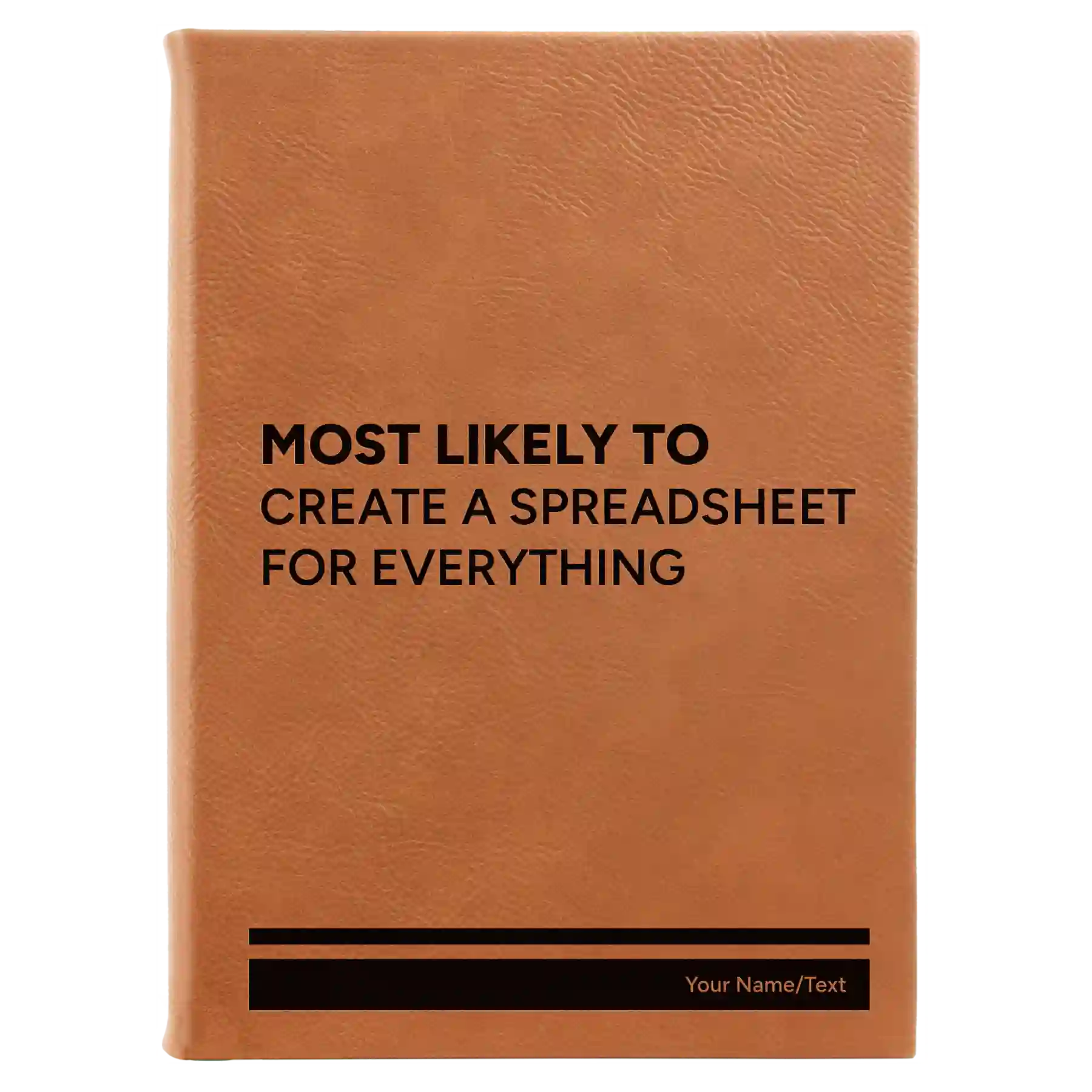 Large rawhide leatherette sketch book laser etched with 'Create a Spreadsheet' design