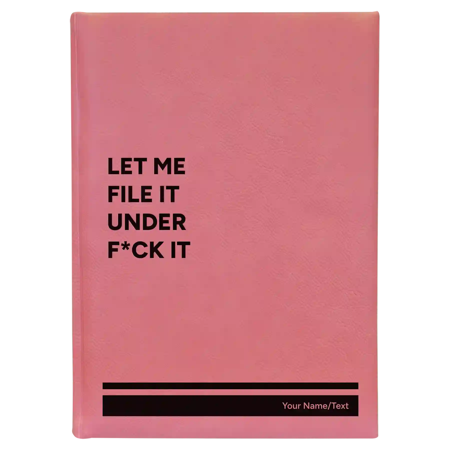 Large pink leatherette journal laser etched with 'File it Under' design