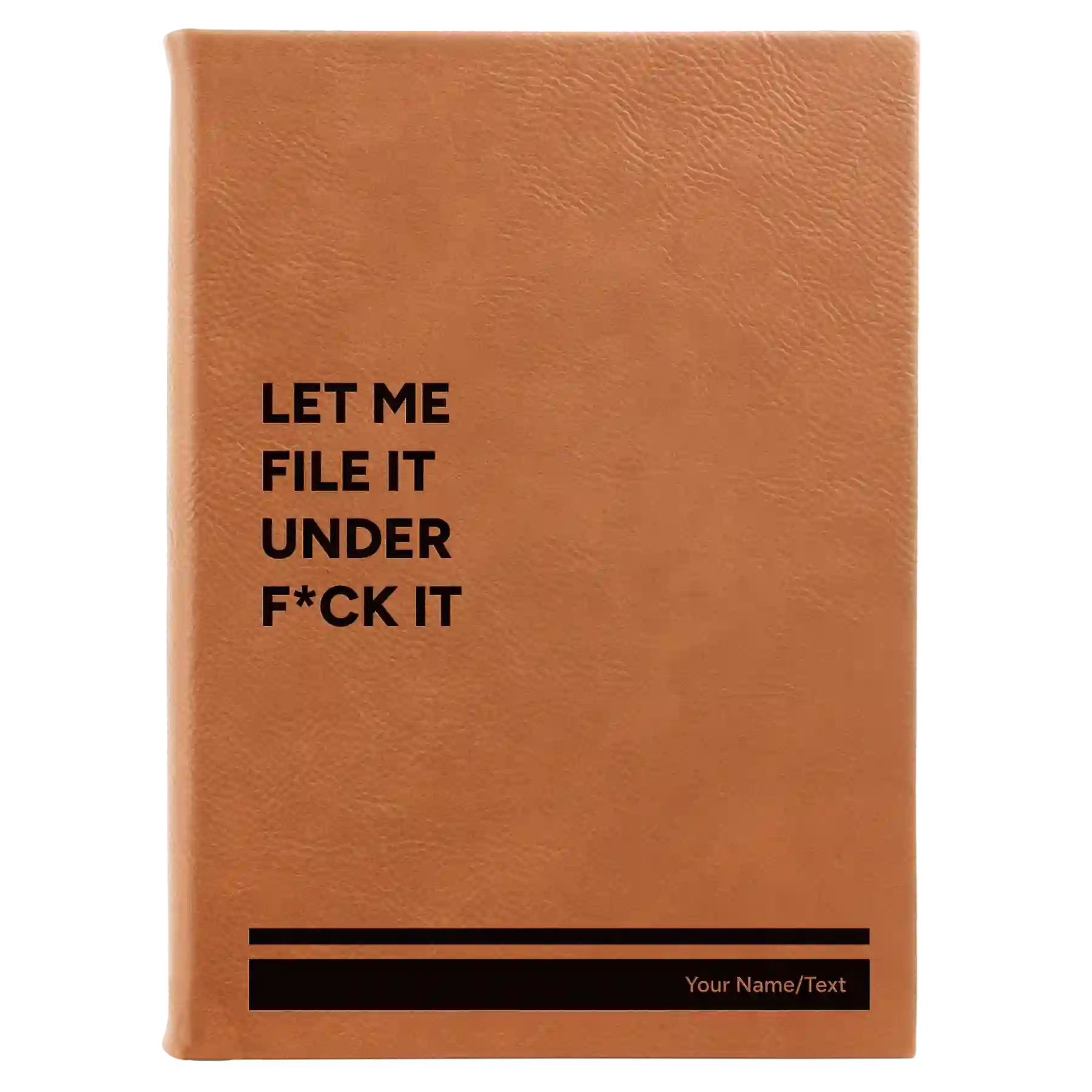 Large rawhide leatherette sketch book laser etched with 'File it Under' design