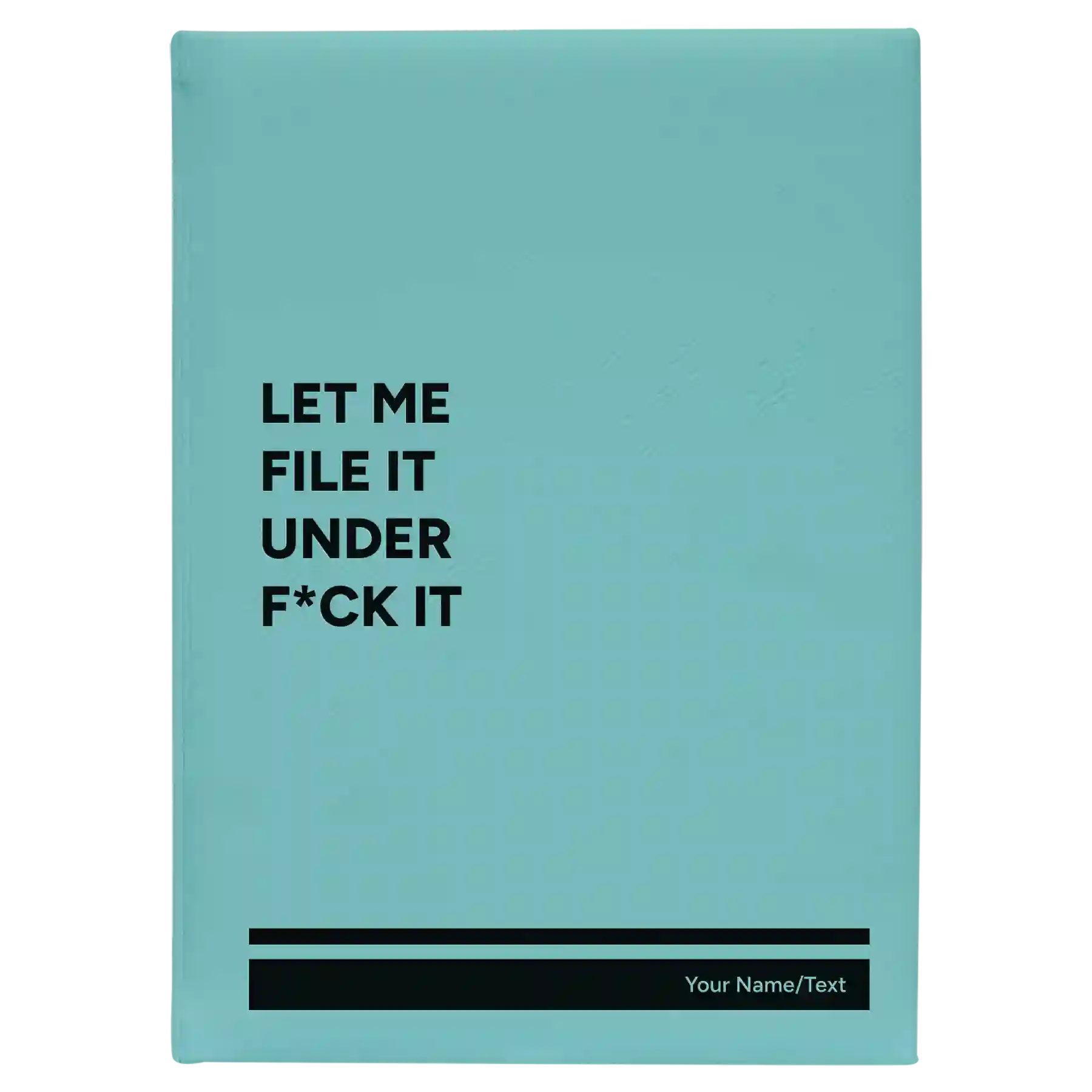 Large teal leatherette journal laser etched with 'File it Under' design