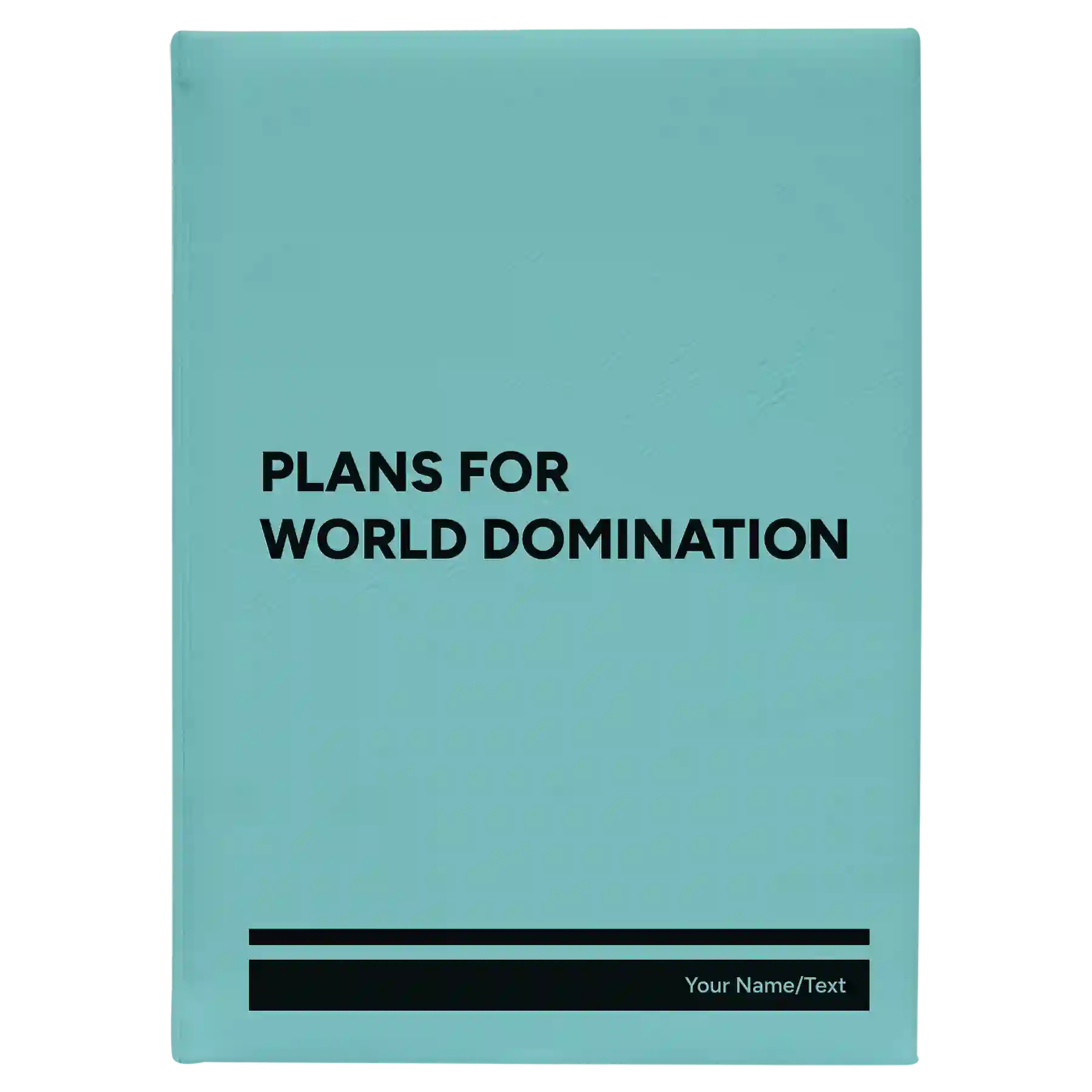 Large teal leatherette sketch book laser etched with 'World Domination' design