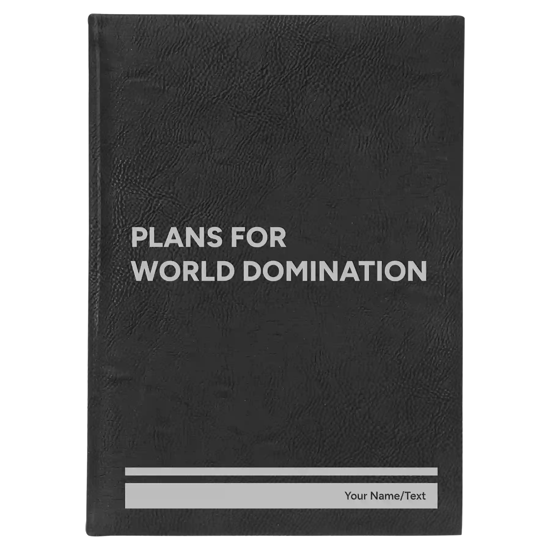 Large black/silver leatherette journal laser etched with 'World Domination' design
