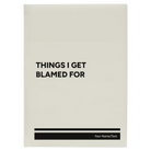 Large white leatherette sketch book laser etched with 'Things I Get Blamed For' design