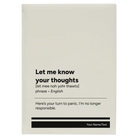 Large white leatherette sketch book laser etched with 'Let Me Know Your Thoughts' design