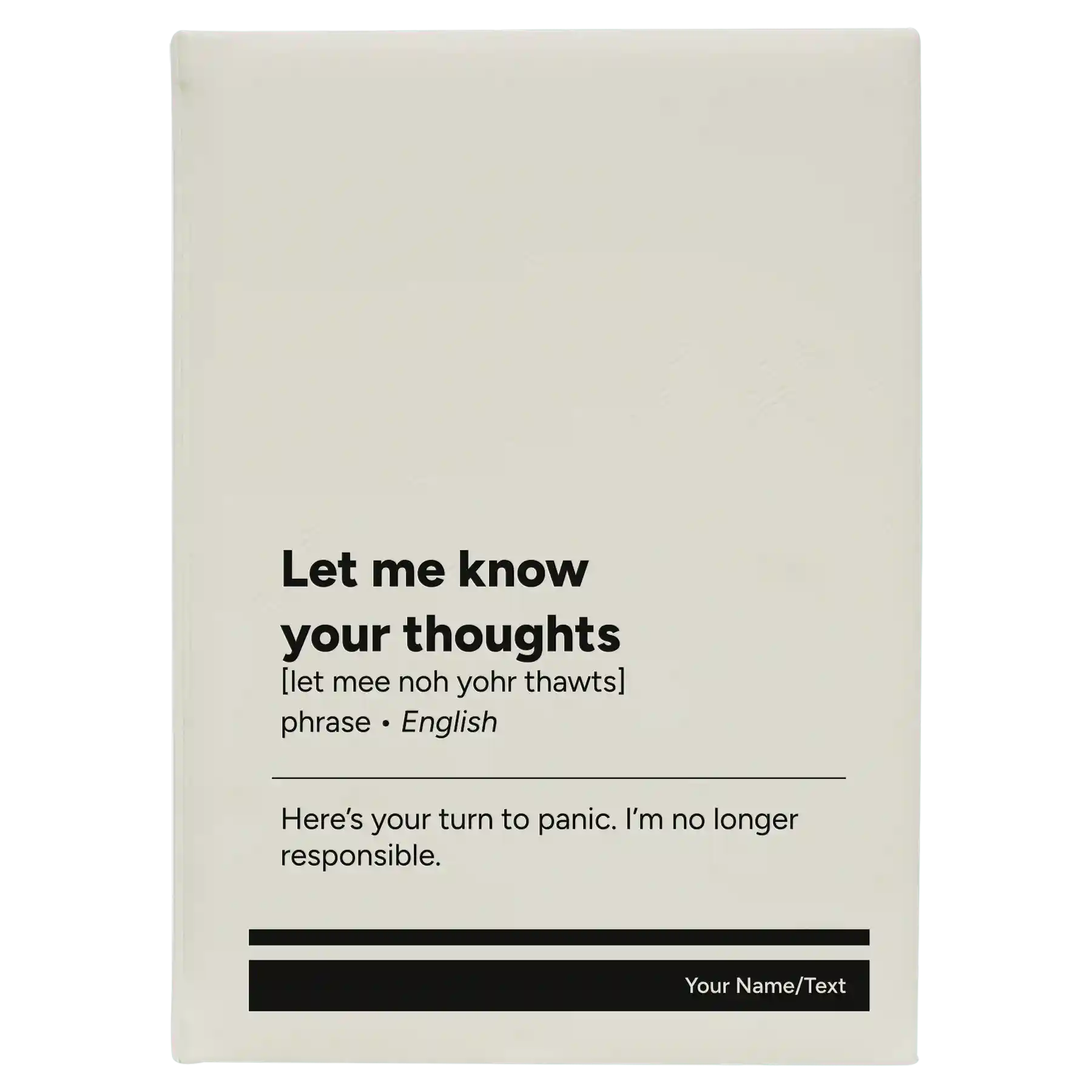 Large white leatherette sketch book laser etched with 'Let Me Know Your Thoughts' design