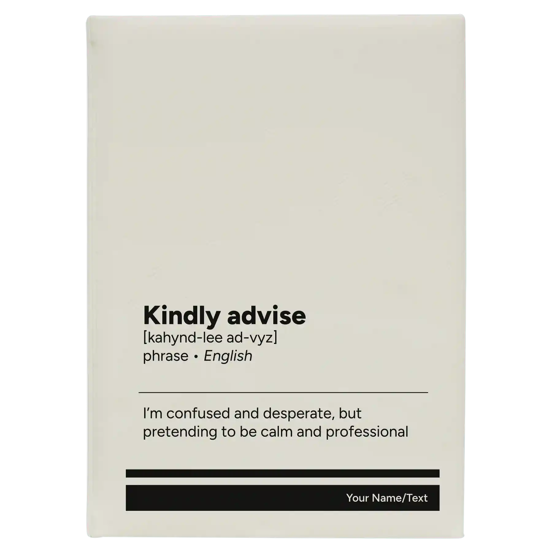 Large white leatherette journal laser etched with 'Kindly Advise' design