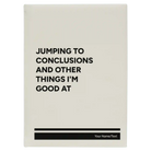 Large white leatherette sketch book laser etched with 'Jumping to conclusions and other things Im good at' design