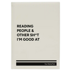 Large white leatherette sketch book laser etched with 'Reading people other sht Im good at' design