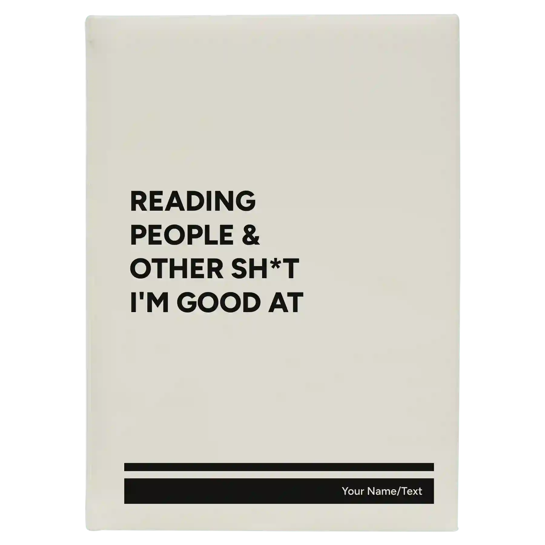 Large white leatherette sketch book laser etched with 'Reading people other sht Im good at' design