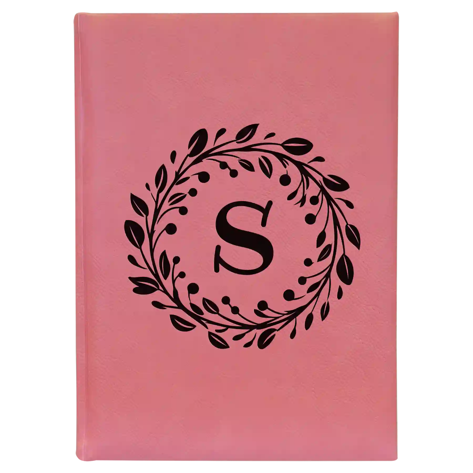 Large pink leatherette sketch book laser etched with 'Floral Circle with Initial' design