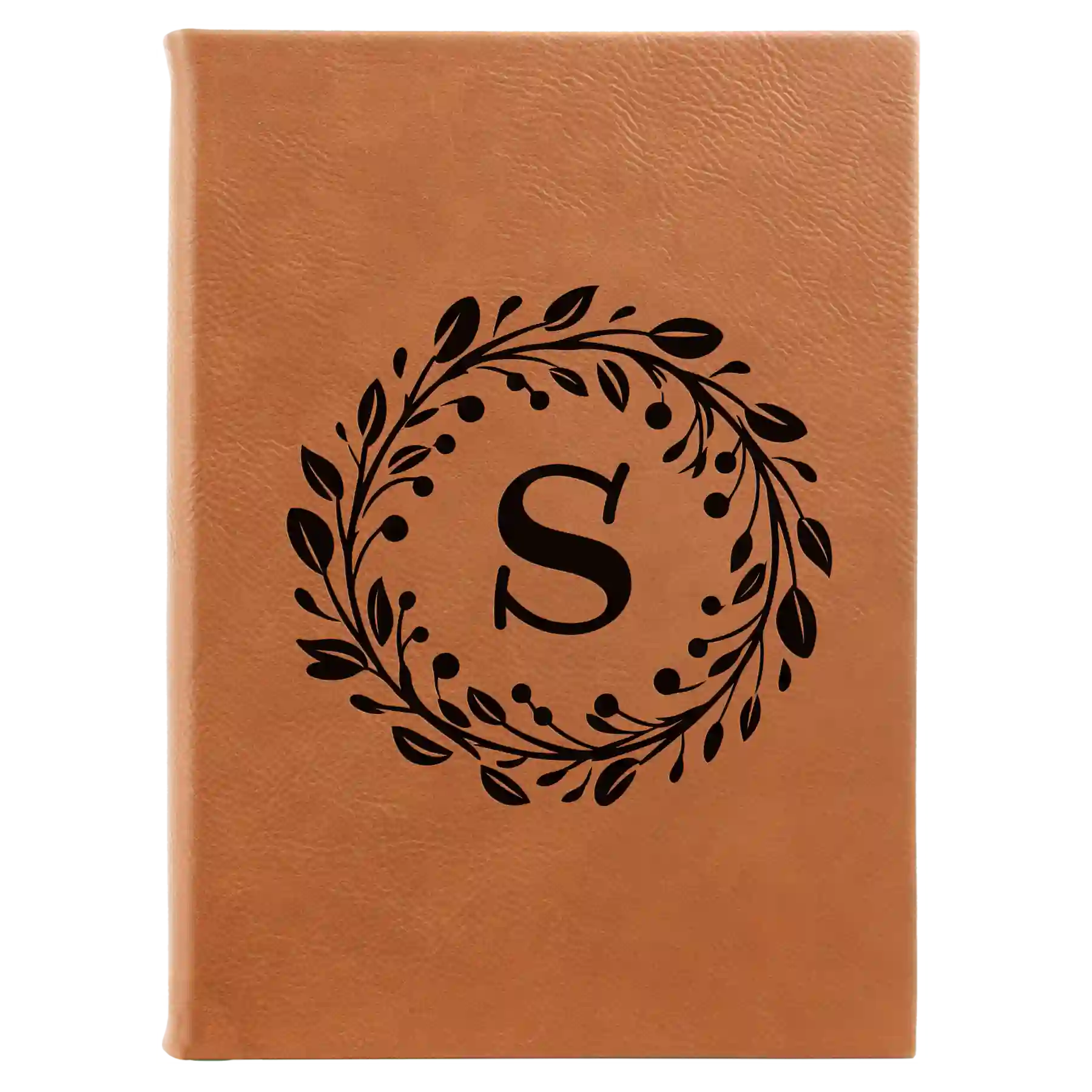 Large rawhide leatherette sketch book laser etched with 'Floral Circle with Initial' design