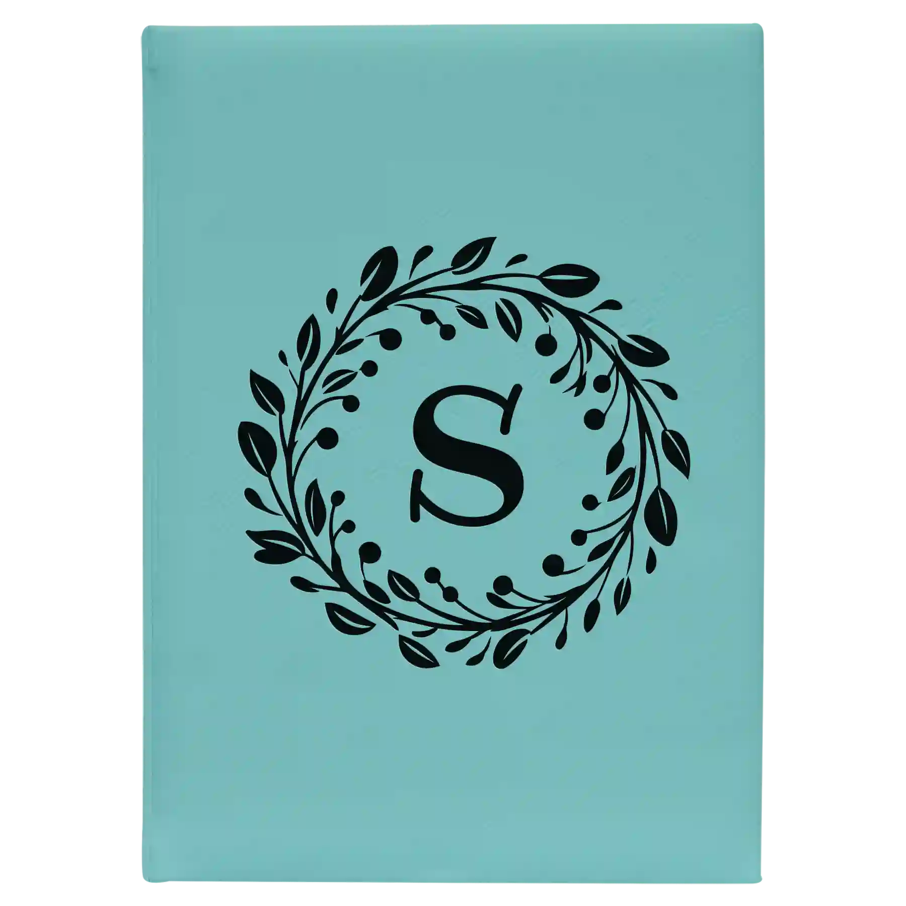 Large teal leatherette journal laser etched with 'Floral Circle with Initial' design