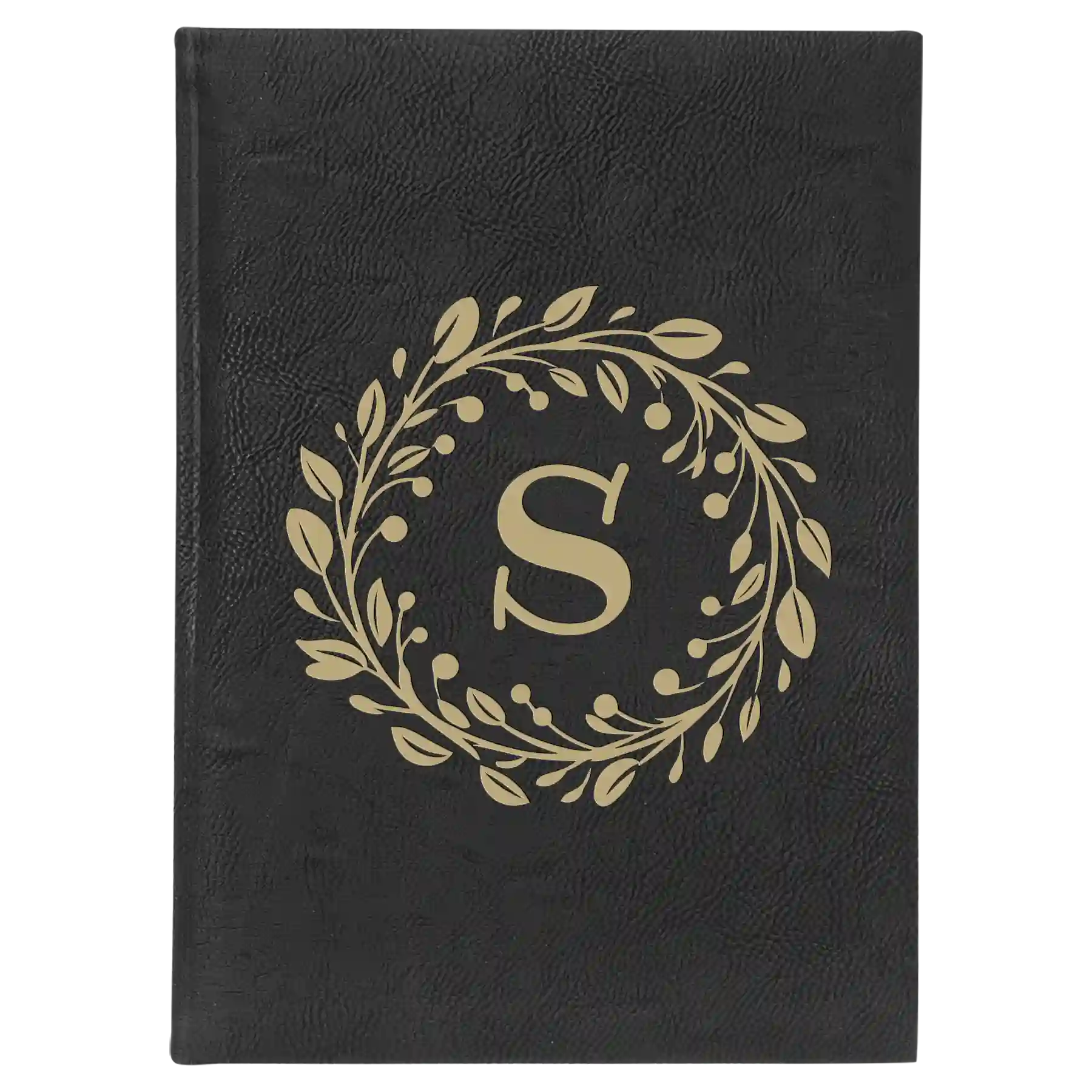 Large black/gold leatherette sketch book laser etched with 'Floral Circle with Initial' design