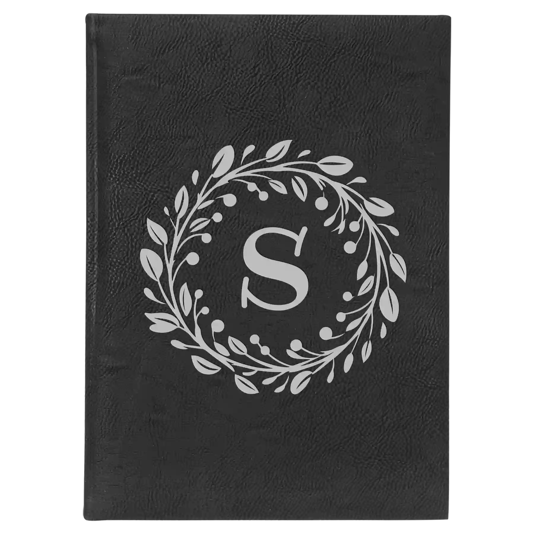 Large black/silver leatherette journal laser etched with 'Floral Circle with Initial' design