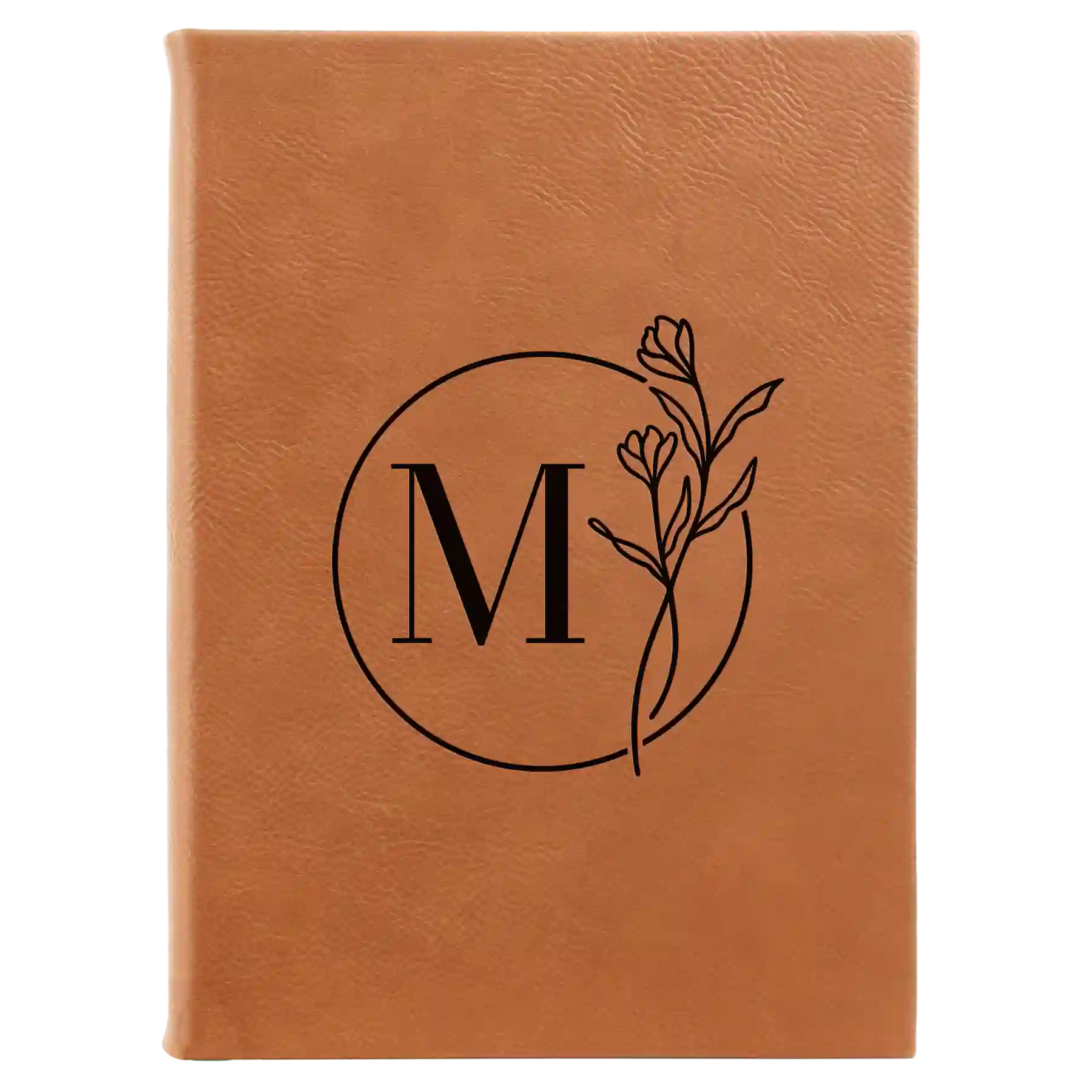 Large rawhide leatherette sketch book laser etched with 'Floral Circle' design