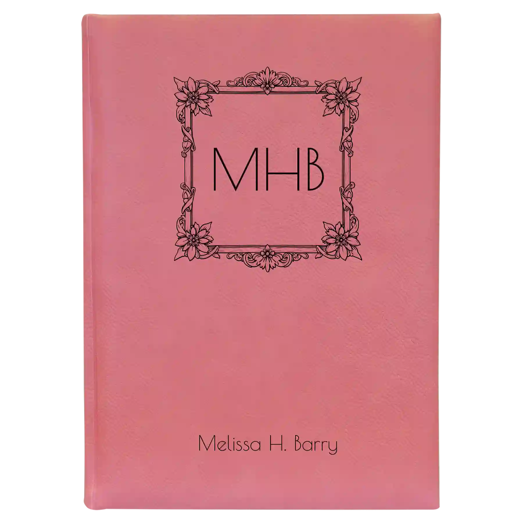 Large pink leatherette sketch book laser etched with 'Floral Frame' design