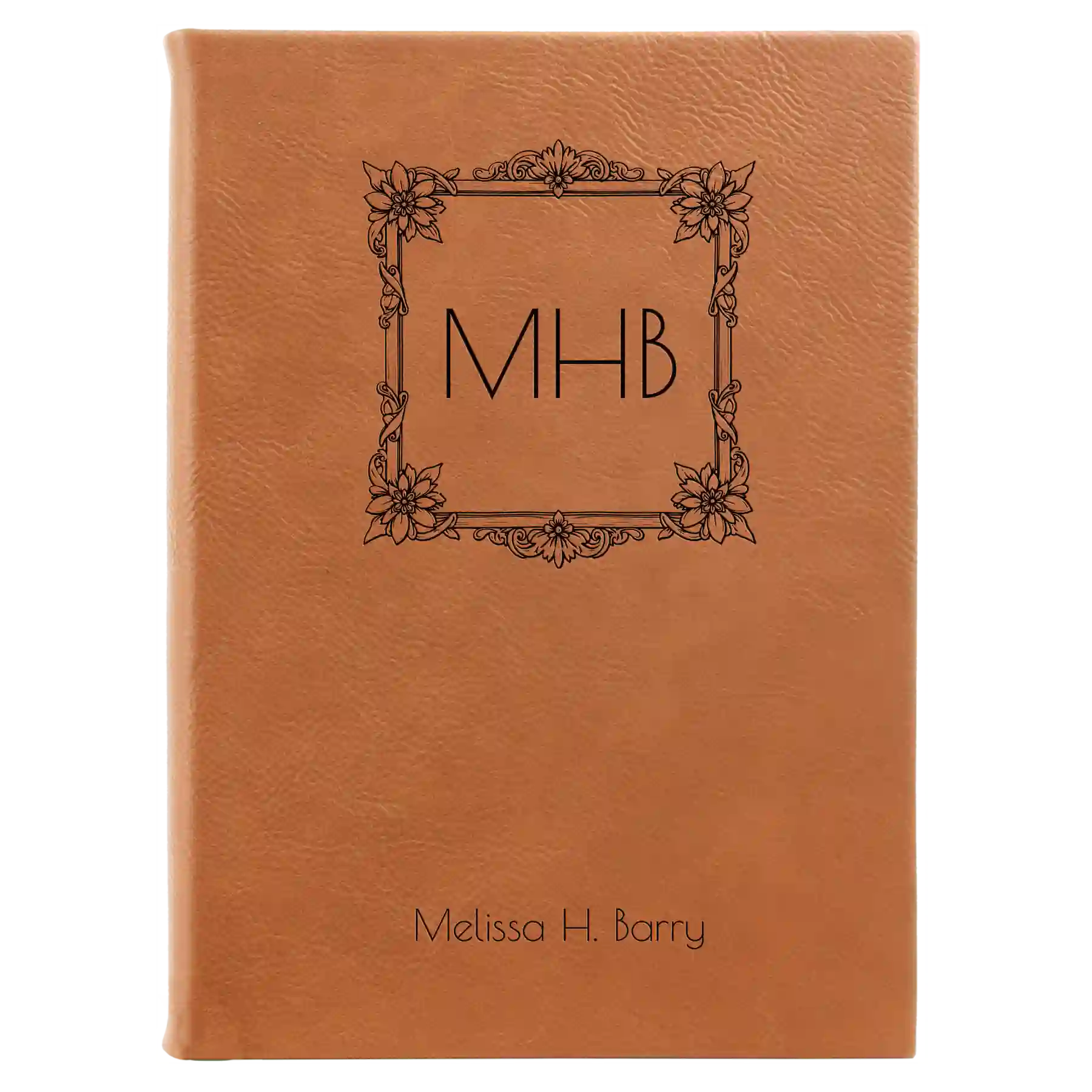 Large rawhide leatherette journal laser etched with 'Floral Frame' design