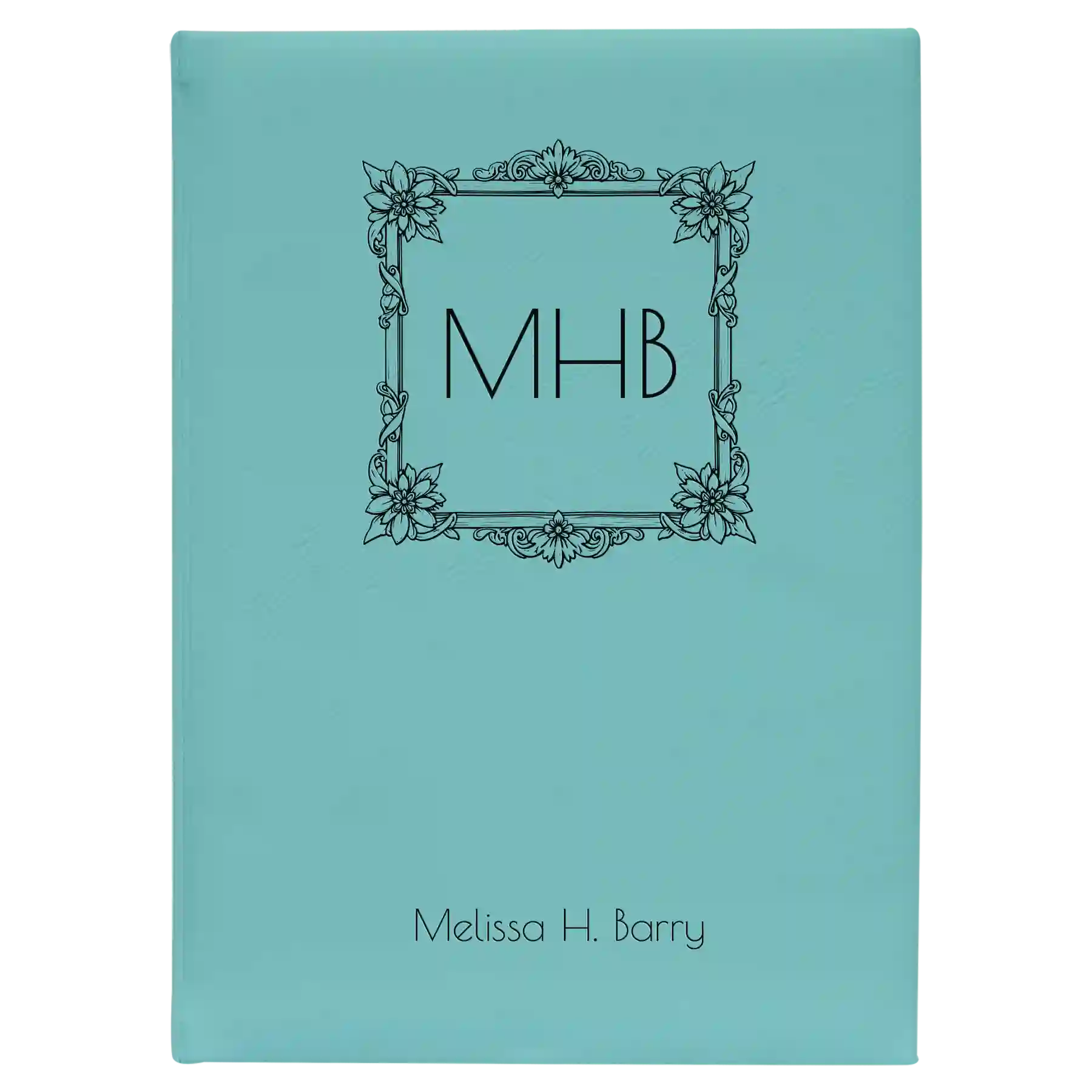 Large teal leatherette sketch book laser etched with 'Floral Frame' design