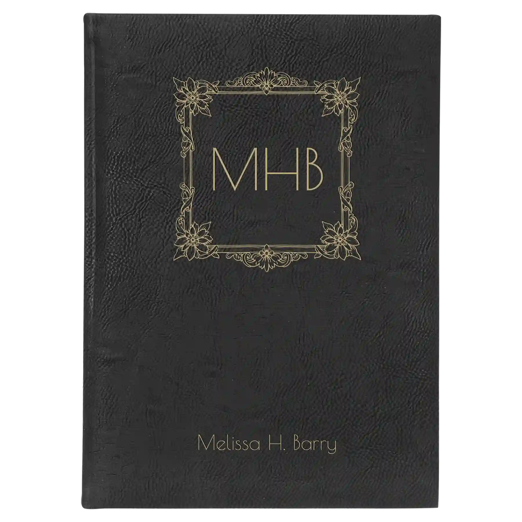 Large black/gold leatherette journal laser etched with 'Floral Frame' design