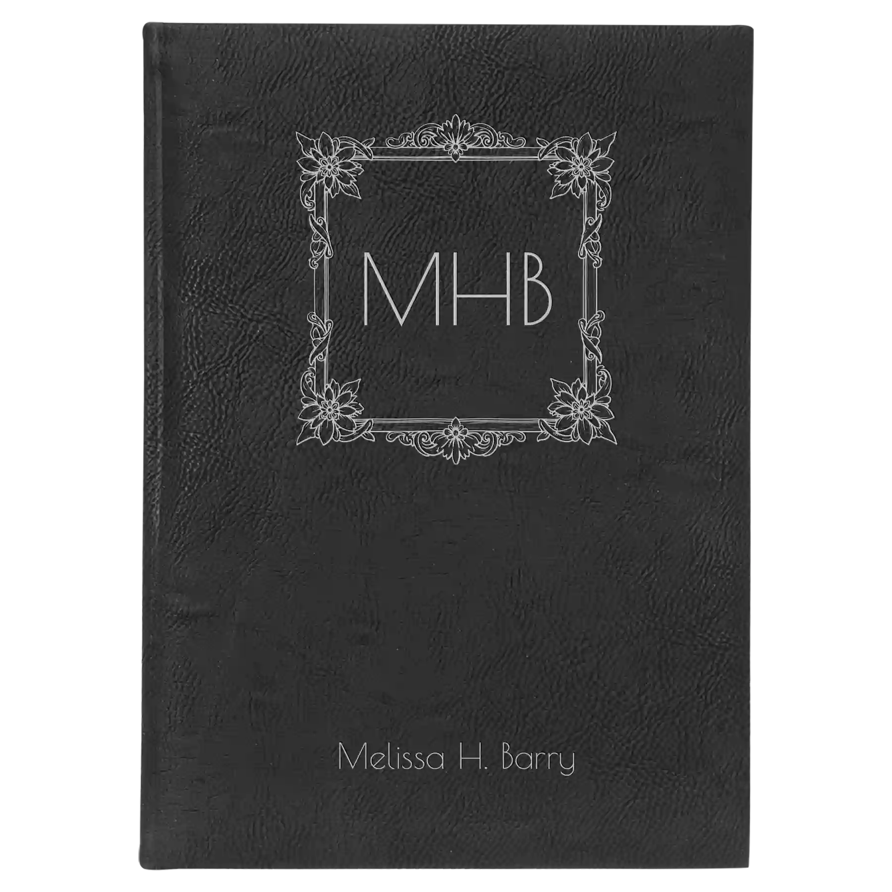 Large black/silver leatherette journal laser etched with 'Floral Frame' design